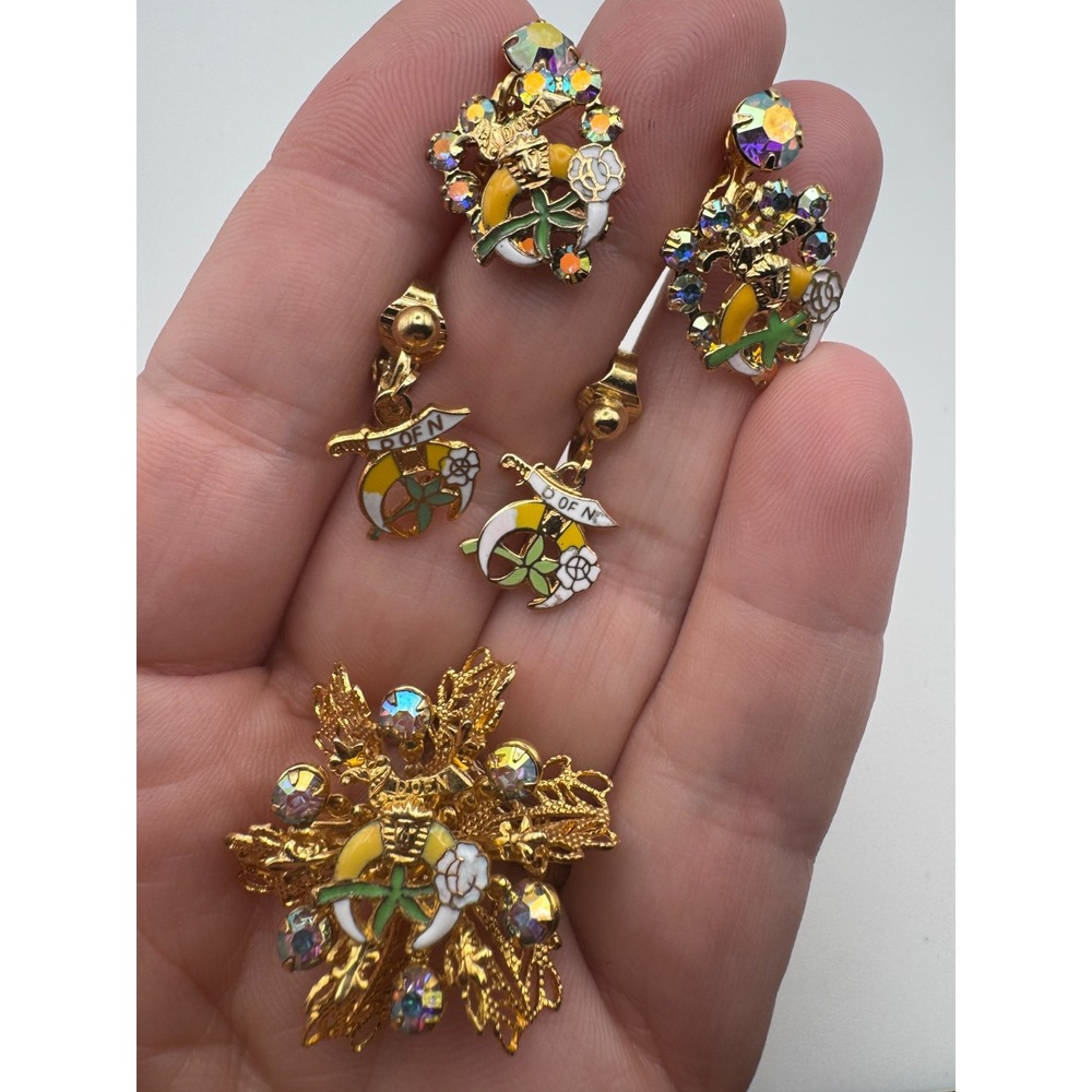 Vintage Shriners Earrings Brooch Lot D of N Jewelry Enamel Crescent Sword